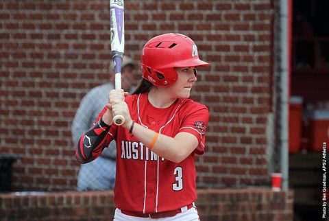 Austin Peay Softball sophomore Carly Mattson drives in the winning run Friday night in Game 2 against Wright State. (APSU Sports Information)