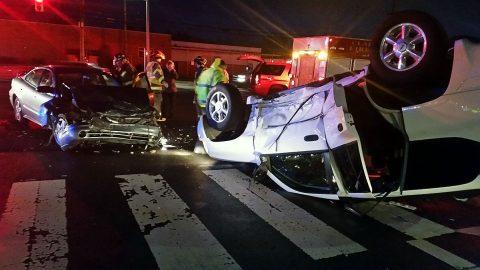 A white GMC Envoy and a gray Pontiac Grand Am crashed at the intersection of Fort Campbell Boulevard and Cunningham Lane.