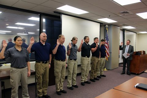 Montgomery County Sheriff John Fuson swears in new Jail Deputies Monday afternoon.