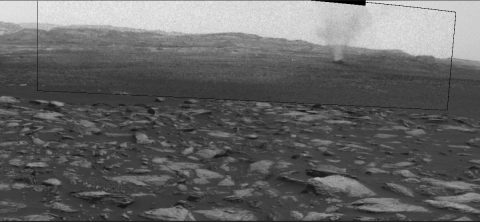 This image shows a dust-carrying whirlwind, called a dust devil, scooting across ground inside Gale Crater, as observed on the local summer afternoon of NASA's Curiosity Mars Rover's 1,597th Martian day, or sol (Feb. 1, 2017). (NASA/JPL-Caltech/TAMU)