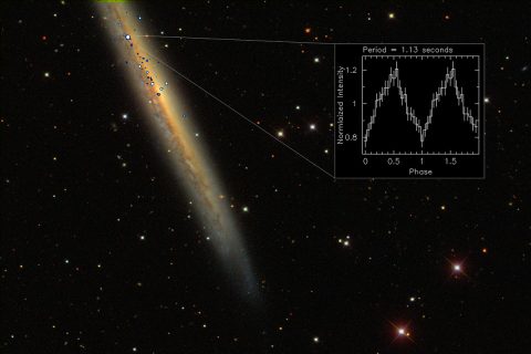 NGC 5907 ULX is the brightest pulsar ever observed. This image comprises X-ray emission data (blue/white) from ESA's XMM-Newton space telescope and NASA's Chandra X-ray Observatory, and optical data from the Sloan Digital Sky Survey (galaxy and foreground stars). The inset shows the X-ray pulsation of the spinning neutron star. (ESA/XMM-Newton; NASA/Chandra and SDSS)