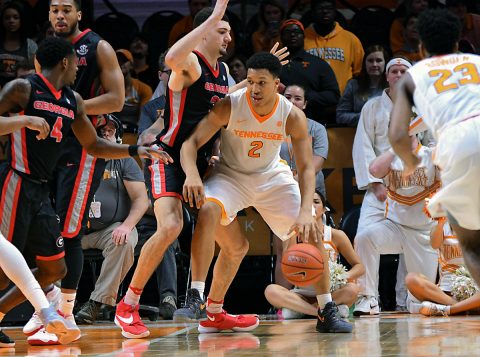 Tennessee Volunteers forward Grant Williams (2) moves the ball against the Georgia Bulldogs during the second half at Thompson-Boling Arena. Georgia won 76 to 75. (Randy Sartin-USA TODAY Sports)