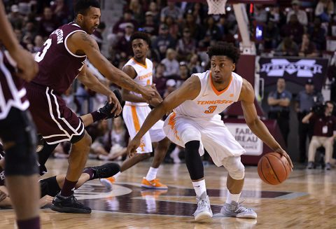 Tennessee Volunteers guard Robert Hubbs III (3) handles the ball during the second half of the game against the Mississippi State Bulldogs at Humphrey Coliseum. Mississippi State won 64-59. (Matt Bush-USA TODAY Sports)