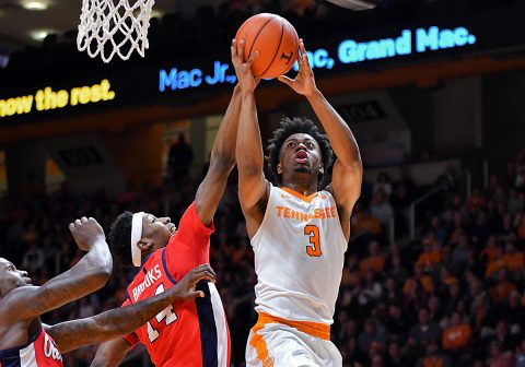 Tennessee Volunteers guard Robert Hubbs III (3) goes to the basket against Mississippi Rebels guard Rasheed Brooks (14) during the first half at Thompson-Boling Arena. (Randy Sartin-USA TODAY Sports)