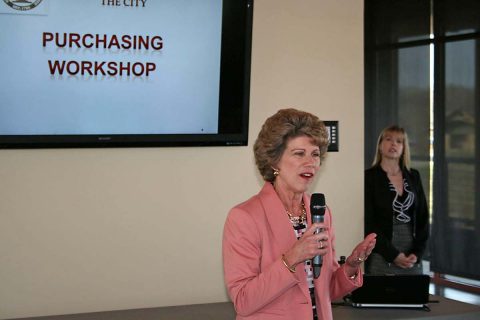 Clarksville Mayor Kim McMillan speaks at the Vendors Workshop held at Freedom Point, Wednesday.