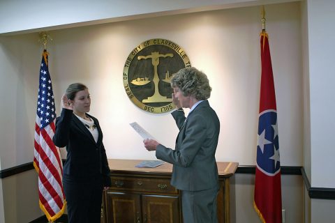 (L) Clarksville Mayor Kim McMillan swears in (R) Brittney Honeycutt.