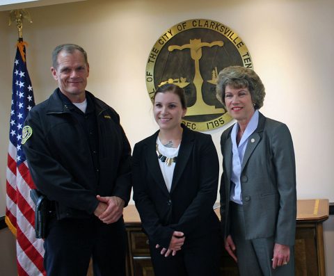 (L to R) Clarksville Police Chief Al Ansley, Brittney Honeycutt, and Clarksville Mayor Kim McMillan.