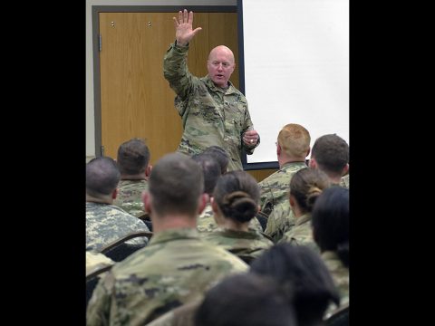 Chaplain (Col.) John Murphy, garrison chaplain, addresses Soldiers at the newcomers brief Feb. 16, 2017, at the Family Resource Center. During the brief Soldiers and their spouses learn about expectations and resources available to them at Fort Campbell. (Leejay Lockhart, Fort Campbell Public Affairs Office)