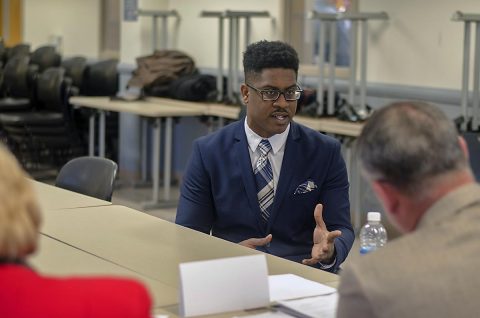 Specialist Avery Harbin, a Soldier assigned to the Warrior Transition Battalion, participates in a mock interview with local business and political leaders March 16, 2017, at Fort Campbell. On Harbin’s panel was Jim Durrett, Montgomery County, mayor, Mariah Carey, human resources director with Lowes and Connie Freeman, executive assistant to the chief executive officer at 1st Advantage Bank. (Leejay Lockhart, Fort Campbell Public Affairs Office)