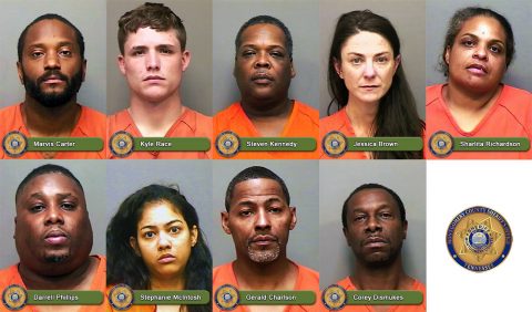 Montgomery County Sheriff's Office reports Marvis Carter, Kyle Race, Steven Kennedy, Jessica Brown, Sharlita Richardson, Darrell Phillips, Stephanie McIntosh, Gerald Charlson, Corey Dismukes, arrested on drug charges