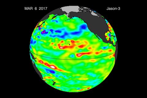 Data collected Feb. 28 - March 12, 2017, by the U.S./European Jason-3 satellite show near-normal ocean surface heights in green, warmer areas in red and colder areas in blue. Ocean surface height is related in part to its temperature, and thus is an indicator of how much heat is stored in the upper ocean. (NASA/JPL-Caltech)