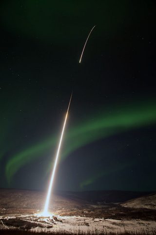 The final NASA sounding rocket of three on March 2 is launched into an aurora over Alaska. (NASA/Chris Perry)