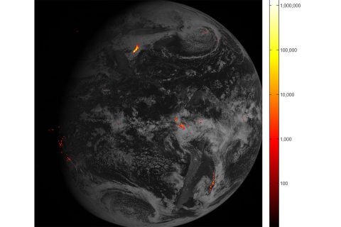 This is one hour of GOES-16's Geostationary Lightning Mapper (GLM) lightning data from Feb. 14, when GLM acquired 1.8 million images of the Earth. It is displayed over GOES-16 ABI full disk Band 2 imagery. Brighter colors indicate more lightning energy was recorded; color bar units are the calculated kilowatt-hours of total optical emissions from lightning. This is preliminary, non-operational data. (NOAA/NASA)