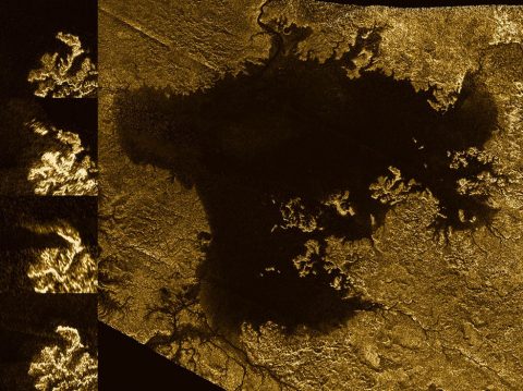 Radar images from Cassini showed a strange island-like feature in one of Titan's hydrocarbon seas that appeared to change over time (series of images at left). One possible explanation for this "magic island" is bubbles. (NASA/JPL-Caltech/Space Science Institute)