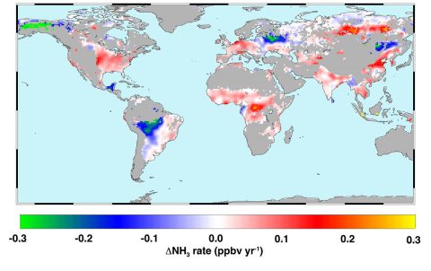 Global atmospheric ammonia trends measured from space from 2002 to 2016. Hot colors represent increases from a combination of increased fertilizer application, reduced scavenging by acid aerosols and climate warming. Cool colors show decreases due to reduced agricultural burning or fewer wildfires. (Juying Warner/GRL)