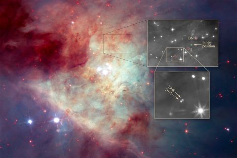 The image by NASA's Hubble Space Telescope shows a grouping of young stars, called the Trapezium Cluster (center). The box just above the Trapezium Cluster outlines the location of the three stars. A close-up of the stars is top right. The birthplace of the multi-star system is marked "initial position." Two of the stars — labeled BN, and "I," for source I — were discovered decades ago. Source I is embedded in thick dust and cannot be seen. The third star, "x," for source x, was recently discovered to have moved noticeably between 1998 and 2015, as shown in the inset image at bottom right. (NASA, ESA, K. Luhman (Penn State University), and M. Robberto (STScI))