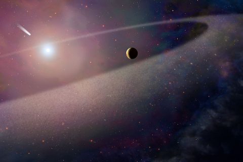 This artist's concept shows a massive, comet-like object falling toward a white dwarf. New Hubble Space Telescope findings are evidence for a belt of comet-like bodies orbiting the white dwarf, similar to our solar system's Kuiper Belt. The findings also suggest the presence of one or more unseen surviving planets around the white dwarf, which may have perturbed the belt to hurl icy objects into the burned-out star. (NASA, ESA, and Z. Levy (STScI)) This artist's concept shows a massive, comet-like object falling toward a white dwarf. New Hubble Space Telescope findings are evidence for a belt of comet-like bodies orbiting the white dwarf, similar to our solar system's Kuiper Belt. The findings also suggest the presence of one or more unseen surviving planets around the white dwarf, which may have perturbed the belt to hurl icy objects into the burned-out star. (NASA, ESA, and Z. Levy (STScI))