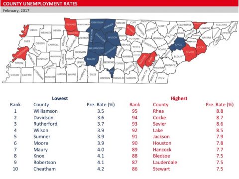 Tennessee County Unemployment Rates Map - February 2017