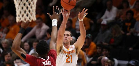 Forward Lew Evans #21 of the Tennessee Volunteers during the game between the Alabama Crimson Tide and the Tennessee Volunteers at Thompson-Boling Arena in Knoxville, TN. (Hayley Pennesi/Tennessee Athletics) Forward Lew Evans #21 of the Tennessee Volunteers during the game between the Alabama Crimson Tide and the Tennessee Volunteers at Thompson-Boling Arena in Knoxville, TN. (Hayley Pennesi/Tennessee Athletics)
