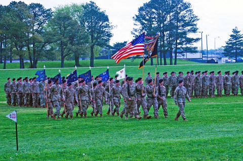 Soldiers from 1st Battalion, 26th Infantry Regiment, 2nd Brigade Combat Team, 101st Airborne Division (Air Assault) march with their unit colors during their battalion's change of responsibility ceremony, Apr. 18, 2017, at Fort Campbell, Kentucky. The unit, historically part of the 1st Infantry Division, was reactivated at Fort Campbell in April of 2015. In May of 2016 they deployed as part of 2nd BCT to Iraq in support of Operation Inherent Resolve. (1st Lt. Daniel Johnson)