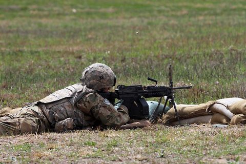 A Soldier from the 101st Airborne Division (Air Assault) Sustainment Brigade, 101st Abn. Div., fires during a live-fire range, April 3, 2017, on Fort Campbell, Kentucky. Companies were evaluated on their performance during a live-fire exercise as part of the brigade field training exercise. (Sgt. Neysa Canfield/101st Airborne Division Sustainment Brigade Public Affairs) 