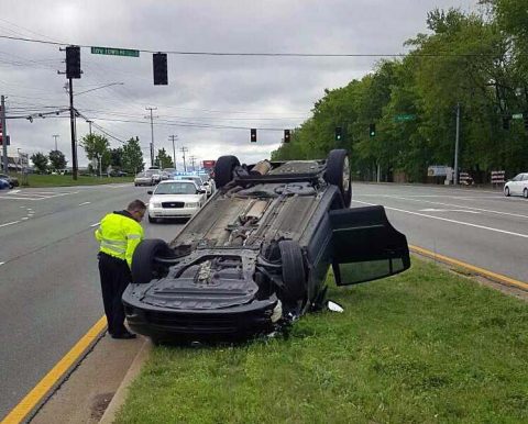 Hyundai Tuscon struck the center median on Fort Campbell Boulevard and Tiny Town Road and rolled over. (CPD Officer Ciupka)