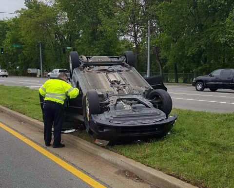 Hyundai Tuscon struck the center median on Fort Campbell Boulevard and Tiny Town Road and rolled over. (CPD Officer Ciupka)