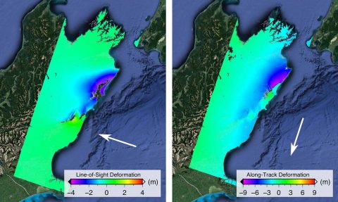 Two ALOS-2 satellite images show ground displacements from the Nov. 2016 Kaikoura earthquake as colors proportional to the surface motion in two directions. The purple areas in the left image moved up and east 13 feet (4 meters); purple areas in the right image moved north up to 30 feet (9 meters). (NASA/JPL-Caltech/JAXA)