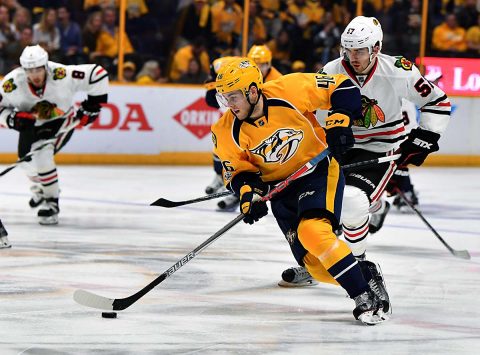 Nashville Predators left winger Pontus Aberg (46) skates with the puck during the second period against the Chicago Blackhawks in game four of the first round of the 2017 Stanley Cup Playoffs at Bridgestone Arena. (Christopher Hanewinckel-USA TODAY Sports)