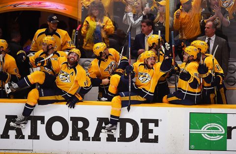 Nashville Predators players celebrate in the closing seconds of a win against the Chicago Blackhawks in game four of the first round of the 2017 Stanley Cup Playoffs at Bridgestone Arena. The Predators won 4-1 to eliminate the Blackhawks. (Christopher Hanewinckel-USA TODAY Sports)