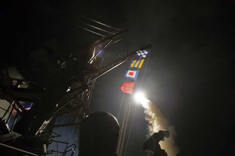 The Arleigh Burke-class guided-missile destroyer USS Ross fires a tomahawk land attack missile while conducting naval operations in the Mediterranean Sea, April 7, 2017. (Petty Officer 3rd Class Robert S. Price)
