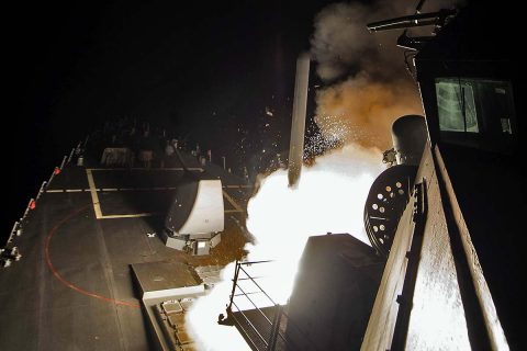 The Arleigh Burke-class guided-missile destroyer USS Ross fires a tomahawk land attack missile while conducting naval operations in the Mediterranean Sea, April 7, 2017. (Petty Officer 3rd Class Robert S. Price)