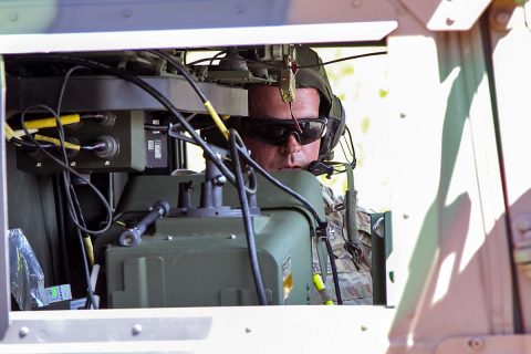 Staff Sgt. Josh Robinson, an air and missile defense crewmember assigned to Battery C, 2nd Battalion, 44th Air Defense Artillery Regiment, 101st Airborne Division (Air Assault) Sustainment Brigade, 101st Abn. Div., reports the status of his crew, April 25, 2017, during a missile upload and download crew drill on Fort Campbell, Kentucky. (Sgt. Neysa Canfield/101st Airborne Division Sustainment Brigade Public Affairs)