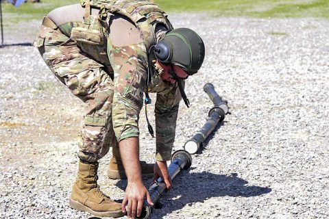 Staff Sgt. Josh Robinson, an air and missile defense crewmember assigned to Battery C, 2nd Battalion, 44th Air Defense Artillery Regiment, 101st Airborne Division (Air Assault) Sustainment Brigade, 101st Abn. Div., inspects a training missile, April 25, 2017, during missile upload and download crew drill on Fort Campbell, Kentucky. (Sgt. Neysa Canfield/101st Airborne Division Sustainment Brigade Public Affairs) 