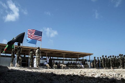 Nearly 60 Danab battalion soldiers from the Somali National Army graduate from a logistics course taught by the U.S. Army’s 101st Airborne Division May 24, 2017, in Mogadishu, Somalia. The logistics course focused on various aspects of moving personnel, equipment and supplies. (U.S. Air National Guard, Tech. Sgt. Joe Harwood)