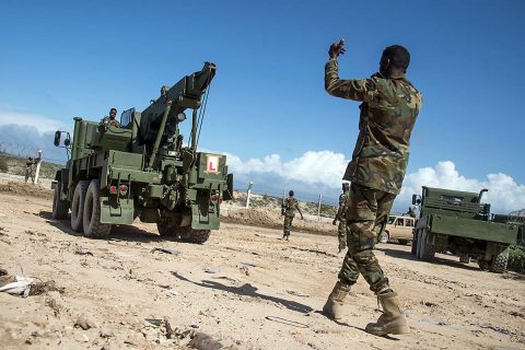 Somali National Army soldiers of the Danab battalion conduct convoy operations training with the U.S. Army’s 101st Airborne Division May 22, 2017, in Mogadishu, Somalia. The logistics course focused on various aspects of moving personnel, equipment and supplies. (U.S. Air National Guard, Tech. Sgt. Joe Harwood) 