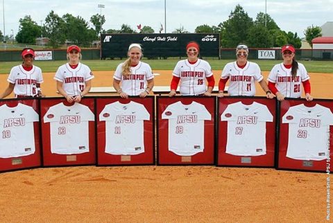 Austin Peay Seniors Rikki Arkansas, Chandler Groves, Allie Blackwood, Autumn Hanners, Christiana Gable, and Sidney Hooper were celebrated before the game. (APSU Sports Information)