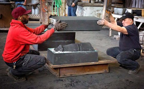 Clarksville Foundry employees Larry Rye Jr. and Tito Sanchez assemble a mold. Clarksville Foundry recently completed the casting of a Civil War-era replica cannon, including the barrel and carriage. Clarksville Rotary Club commissioned the cannon in honor of its 100th Anniversary this month. (Lisa Kemmer)