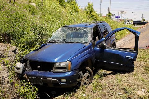 Chevy Trailblazer collides with Clarksville Transit System Bus on Wilma Rudolph Boulevard, Wednesday. (Jim Knoll, CPD)