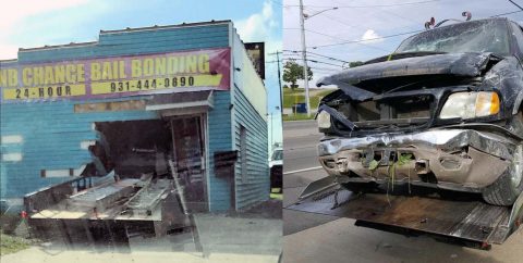 A 2001 Ford Expedition with a trailer leaves the roadway and crashes into a building on Providence Boulevard.