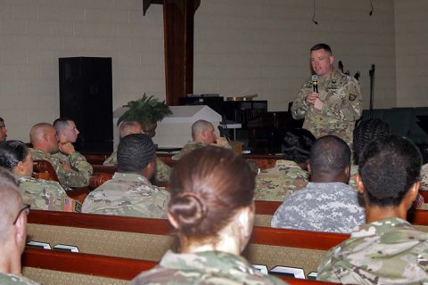 Maj. Jonathan R. Fisher, chaplain for the 101st Airborne Division (Air Assault) Sustainment Brigade, 101st Abn. Div., introduces the guest speaker for the moral leadership training, April 27, 2017, at the Community Chapel on Fort Campbell, Kentucky. The training is part of the brigade’s moral leadership program that focuses on different topics that assist leaders in better communicating with their Soldiers. (Sgt. Neysa Canfield/101st Airborne Division Sustainment Brigade Public Affairs) Maj. Jonathan R. Fisher, chaplain for the 101st Airborne Division (Air Assault) Sustainment Brigade, 101st Abn. Div., introduces the guest speaker for the moral leadership training, April 27, 2017, at the Community Chapel on Fort Campbell, Kentucky. The training is part of the brigade’s moral leadership program that focuses on different topics that assist leaders in better communicating with their Soldiers. (Sgt. Neysa Canfield/101st Airborne Division Sustainment Brigade Public Affairs)
