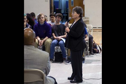 Fort Campbell High School students listen as Frances Cutler Hahn, a former hidden Jewish child, shares her Holocaust survival story during an assembly April 24, 2017, at FCHS. Cutler Hahn was invited by the Fort Campbell Equal Opportunity Office to speak at the high school in honor of Yom Hashoah and Days of Remembrance. (Mari-Alice Jasper, Fort Campbell Public Affairs Office)