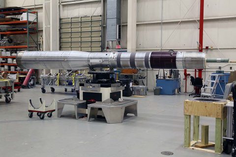 A carbon nanotube Composite Overwrap Pressure Vessel (COPV) is to fly this month as part of the SubTec-7 mission using a 56-foot tall Black Brant IX rocket launched from NASA’s Wallops Flight Facility in Virginia. Shown here is the SubTec7 payload undergoing final testing and evaluation at Wallops Flight Facility. (NASA/Berit Bland)