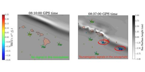 Real-time detection of perturbations of the ionosphere caused by the Oct. 27, 2012, Queen Charlotte Island tsunami off the coast of British Columbia, Canada, using the VARION algorithm. (Sapienza University/NASA-JPL/Caltech)