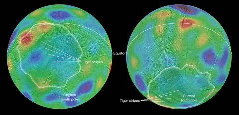 Working with image data from NASA's Cassini mission, researchers have found evidence that Saturn's moon Enceladus may have tipped over, reorienting itself so that terrain closer to its original equator was relocated to the poles. (NASA/JPL-Caltech/Space Science Institute/Cornell University)