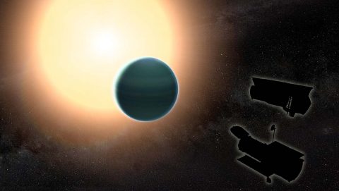 The atmosphere of the distant "warm Neptune" HAT-P-26b, illustrated here, is unexpectedly primitive, composed primarily of hydrogen and helium. (NASA/GSFC)