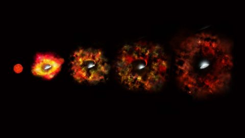 This illustration shows the final stages in the life of a supermassive star that fails to explode as a supernova, but instead implodes to form a black hole. (NASA/ESA/P. Jeffries (STScI)) This illustration shows the final stages in the life of a supermassive star that fails to explode as a supernova, but instead implodes to form a black hole. (NASA/ESA/P. Jeffries (STScI))