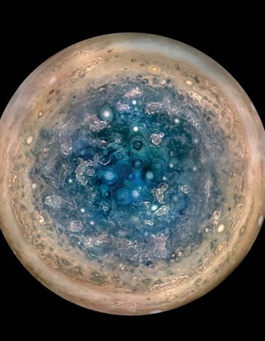 This image shows Jupiter's south pole, as seen by NASA's Juno spacecraft from an altitude of 32,000 miles (52,000 kilometers). (NASA/JPL-Caltech/SwRI/MSSS/Betsy Asher Hall/Gervasio Robles)