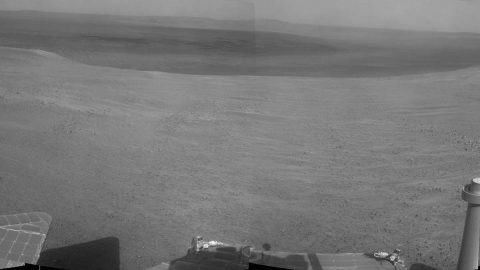 "Perseverance Valley" lies just on the other side of the dip in the crater rim visible in this view from the Navigation Camera (Navcam) on NASA's long-lived Mars Exploration Rover Opportunity, which arrived at this destination in early May 2017 in preparation for driving down the valley. (NASA/JPL-Caltech) "Perseverance Valley" lies just on the other side of the dip in the crater rim visible in this view from the Navigation Camera (Navcam) on NASA's long-lived Mars Exploration Rover Opportunity, which arrived at this destination in early May 2017 in preparation for driving down the valley. (NASA/JPL-Caltech)