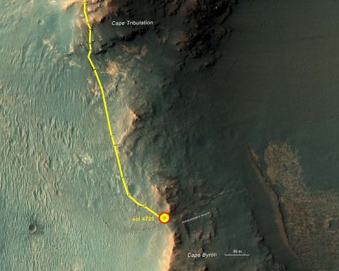 This graphic shows the route that NASA's Mars Exploration Rover Opportunity drove in its final approach to "Perseverance Valley" on the western rim of Endeavour Crater during spring 2017. (NASA/JPL-Caltech/Univ. of Arizona/NMMNH)